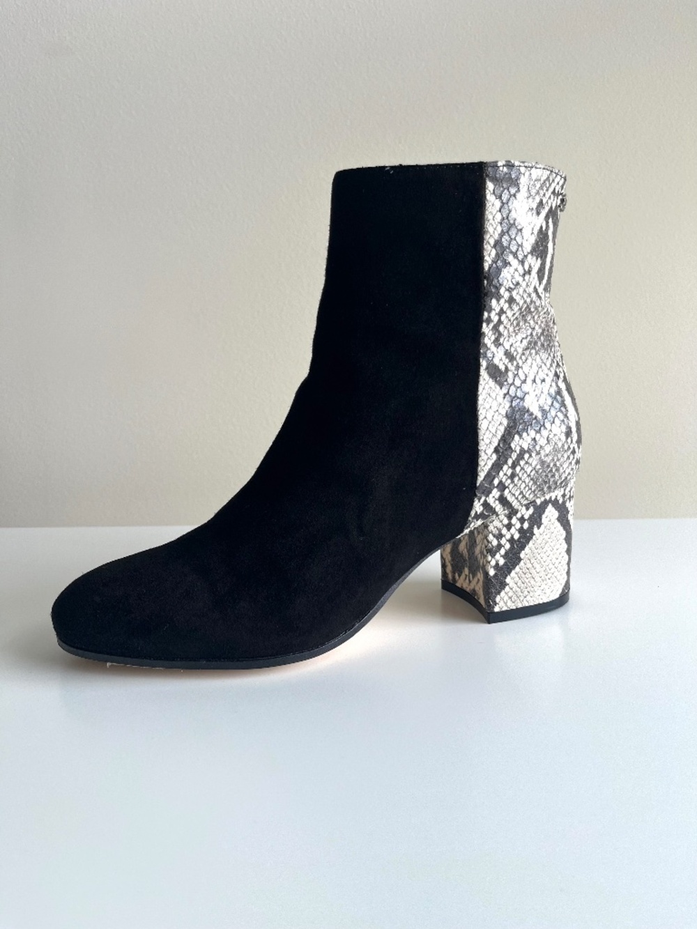 Black Suede Ankle Boot with Snake-Print Heel - Womens